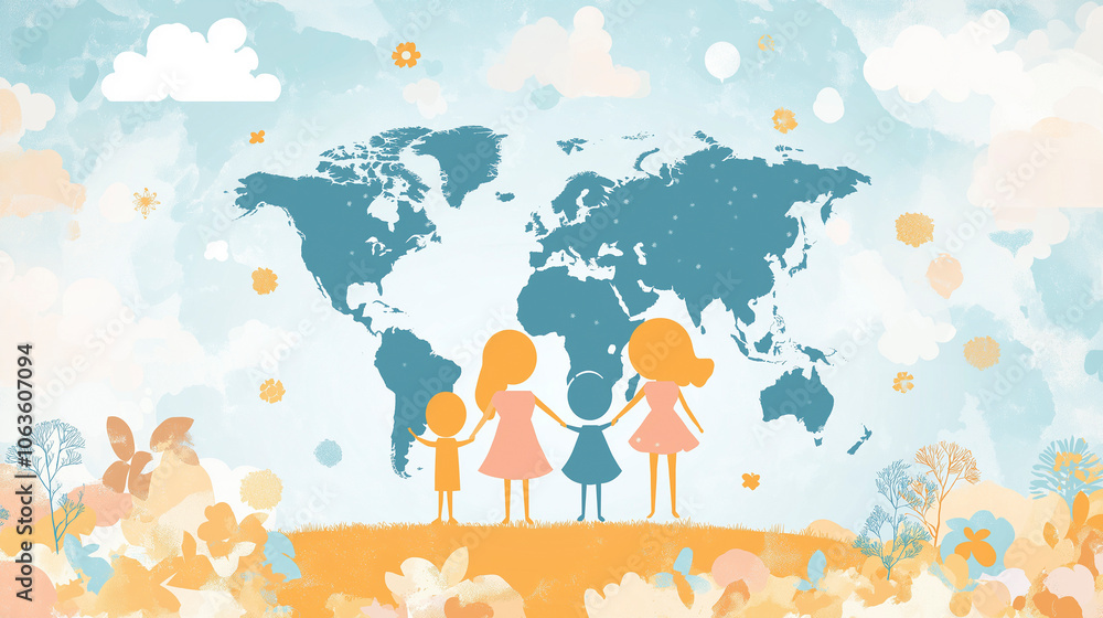 Illustration with family symbols on the background of a world map. Global family day Illustration with family symbols on the background of a world map. Global family day