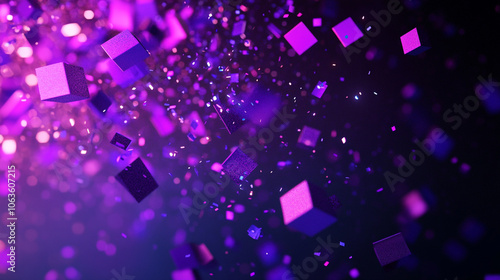 A purple background with many 3d geometry objects scattered throughout. The objects are of different sizes and are in various positions. 