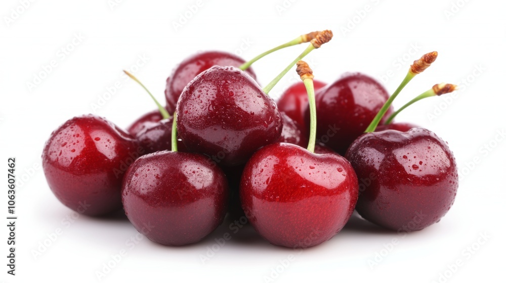 Pile of Fresh Red Cherries With Water Droplets on White Background Pile of Fresh Red Cherries With Water Droplets on White Background