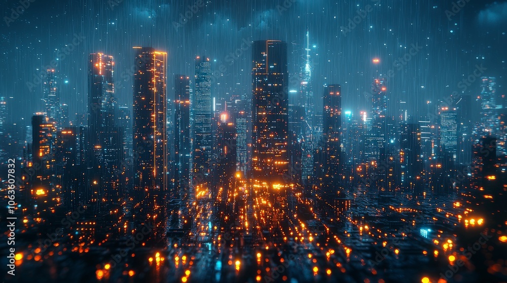 An innovative cityscape aglow with orange reflections, depicting futuristic urban life and technological advancements in a modern skyline setting. An innovative cityscape aglow with orange reflections, depicting futuristic urban life and technological advancements in a modern skyline setting.