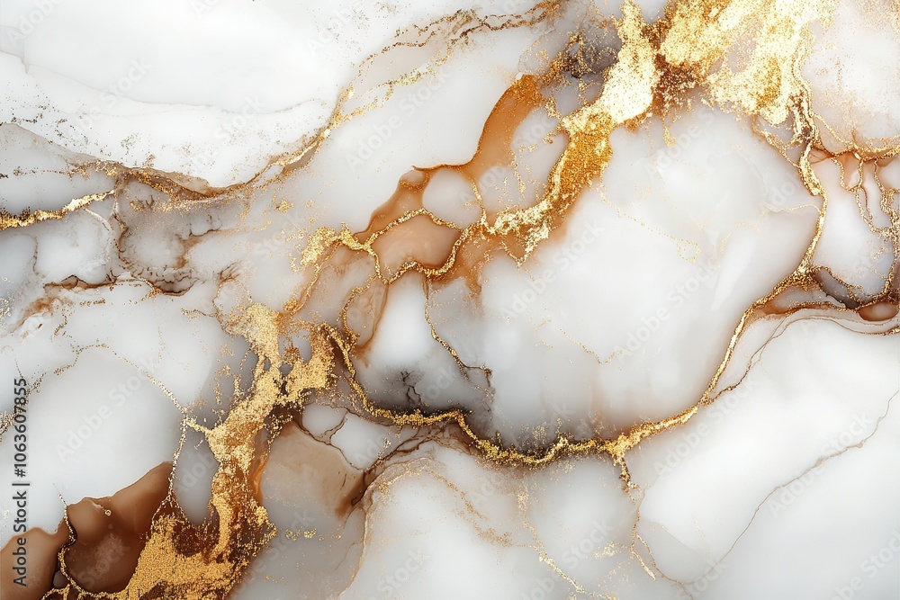 A white marble background with gold and brown alcohol ink patterns flowing over it, creating an elegant abstract design A white marble background with gold and brown alcohol ink patterns flowing over it, creating an elegant abstract design