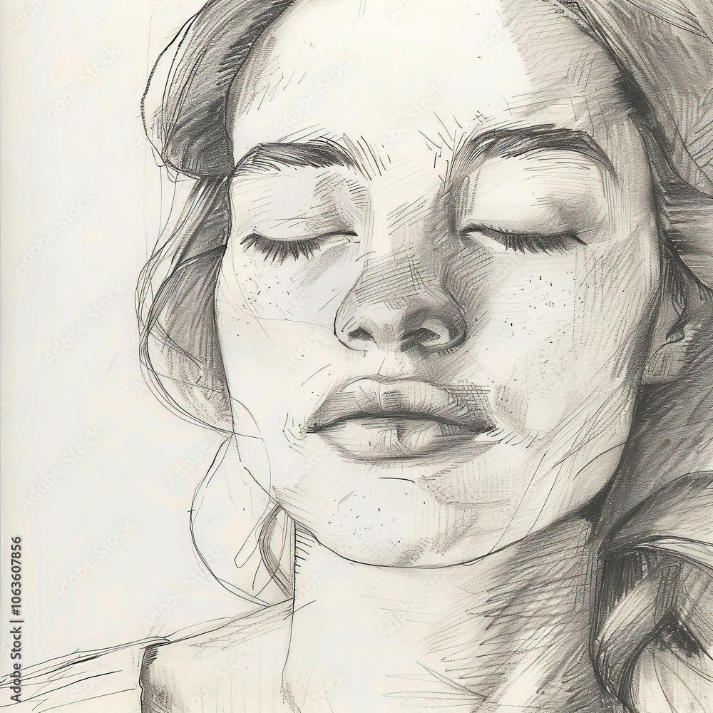 Fototapeta premium This artwork portrays a young woman with her eyes closed, exuding tranquility. The detailed pencil sketch highlights her features and expressive calmness, inviting reflection