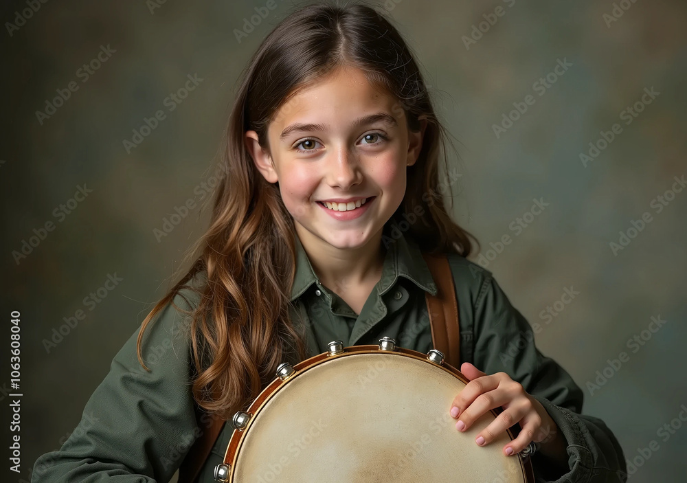 Fototapeta premium Smiling Girl Holding Traditional Irish Bodhrán Drum