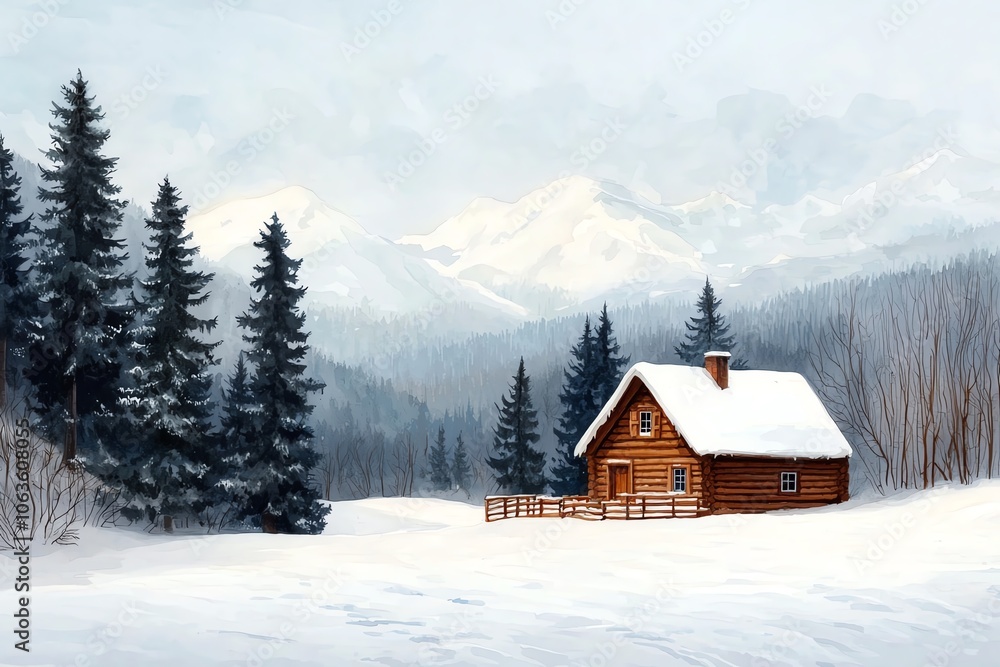 A serene winter landscape featuring a cozy cabin surrounded by snow-covered trees and majestic mountains in the background. A serene winter landscape featuring a cozy cabin surrounded by snow-covered trees and majestic mountains in the background.