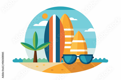 Colorful Surfboards and Sunglasses on a Sunny Beach With Palm Trees