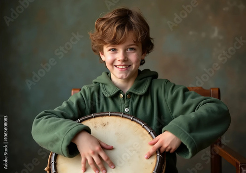 Smiling Boy Holding Traditional Irish Bodhrán Drum photo