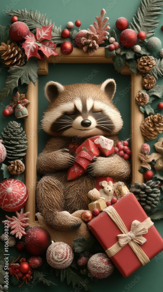 Raccoon with Christmas gifts surrounded by festive decorations, AI Raccoon with Christmas gifts surrounded by festive decorations, AI
