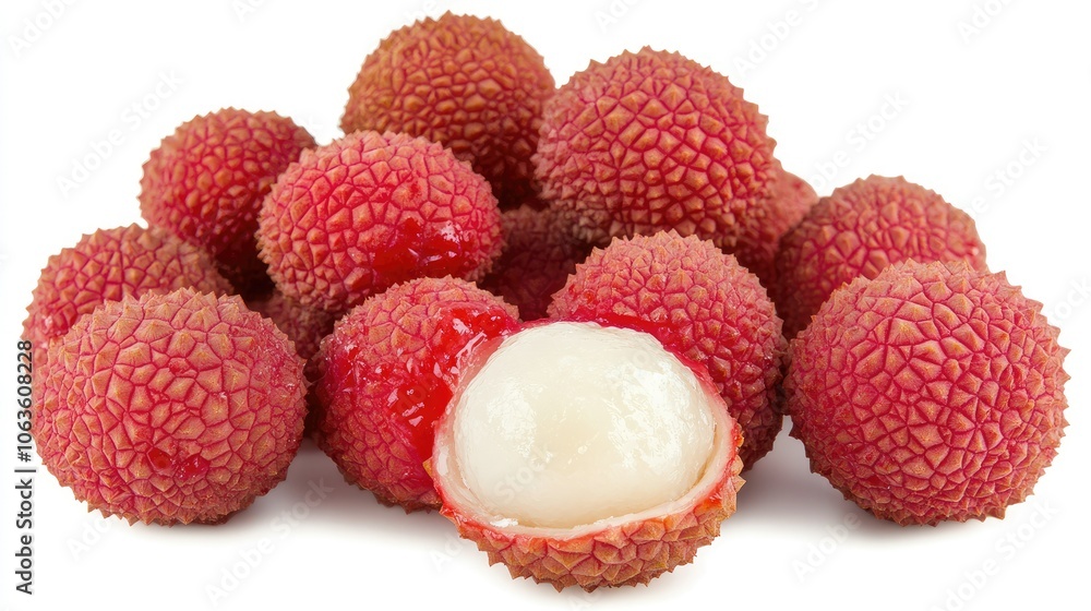 Close-up of lychee fruit with bright red, bumpy skin, peeled open to reveal white, juicy flesh, isolated on a clean white background. Close-up of lychee fruit with bright red, bumpy skin, peeled open to reveal white, juicy flesh, isolated on a clean white background.