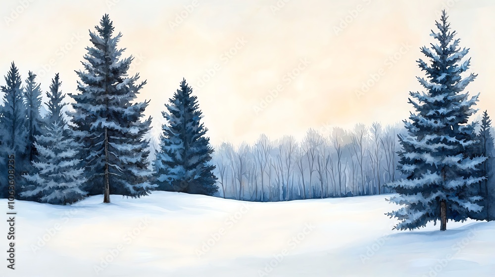A serene winter landscape featuring snow-covered fields and tall evergreen trees under a soft pastel sky. A serene winter landscape featuring snow-covered fields and tall evergreen trees under a soft pastel sky.