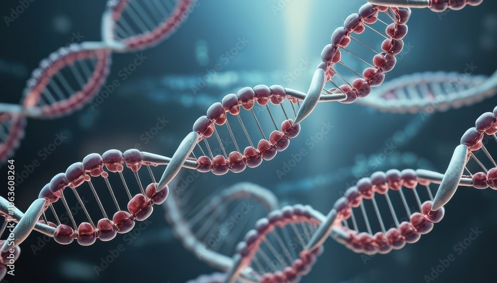 Close-Up of DNA Strand with Microbots Interacting for Advanced Genetic Engineering, Biotechnology, and Molecular Research Visualization Close-Up of DNA Strand with Microbots Interacting for Advanced Genetic Engineering, Biotechnology, and Molecular Research Visualization