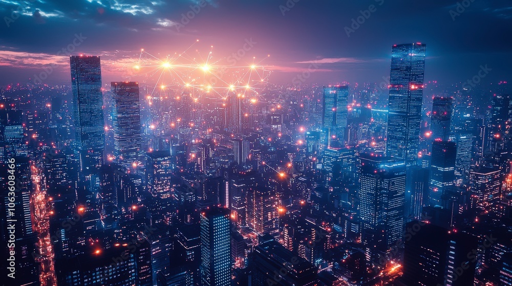 Twilight city scene bustling with skyscrapers adorned with digital networks, representing a connected and futuristic urban environment rich in innovation. Twilight city scene bustling with skyscrapers adorned with digital networks, representing a connected and futuristic urban environment rich in innovation.