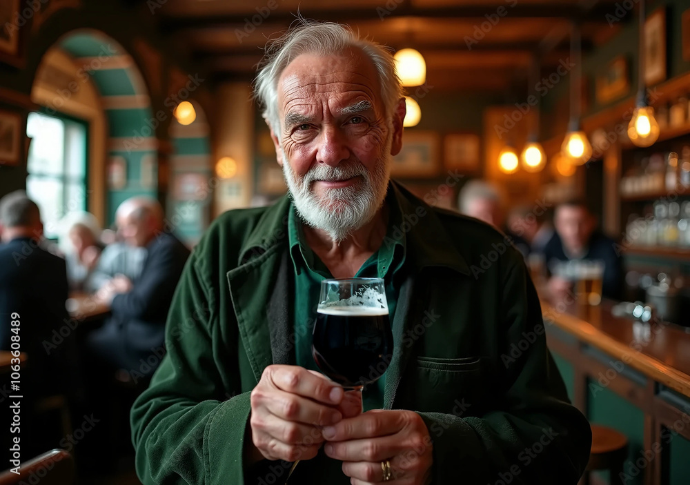 Elderly Irish Man Enjoying a Pint of Beer in Cozy Pub Elderly Irish Man Enjoying a Pint of Beer in Cozy Pub