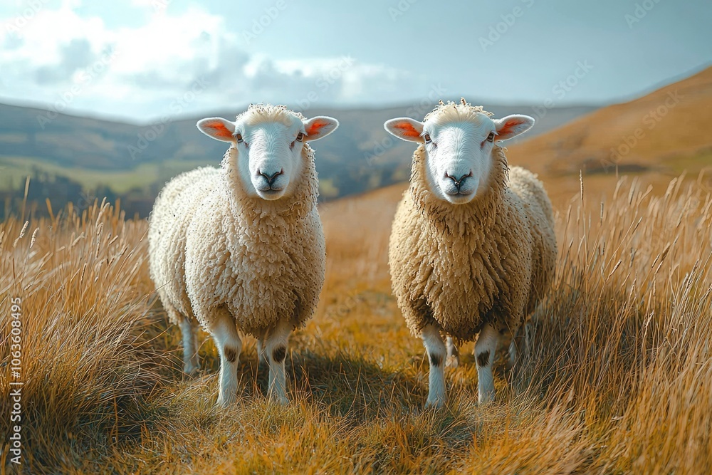 Fototapeta premium Two White Sheep Standing in a Field of Tall Grass