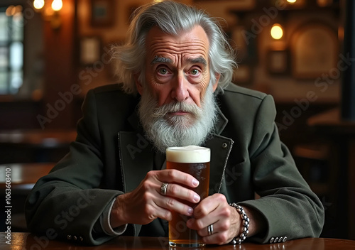 Elderly Irish Man Enjoying a Pint of Beer in Cozy Pub photo