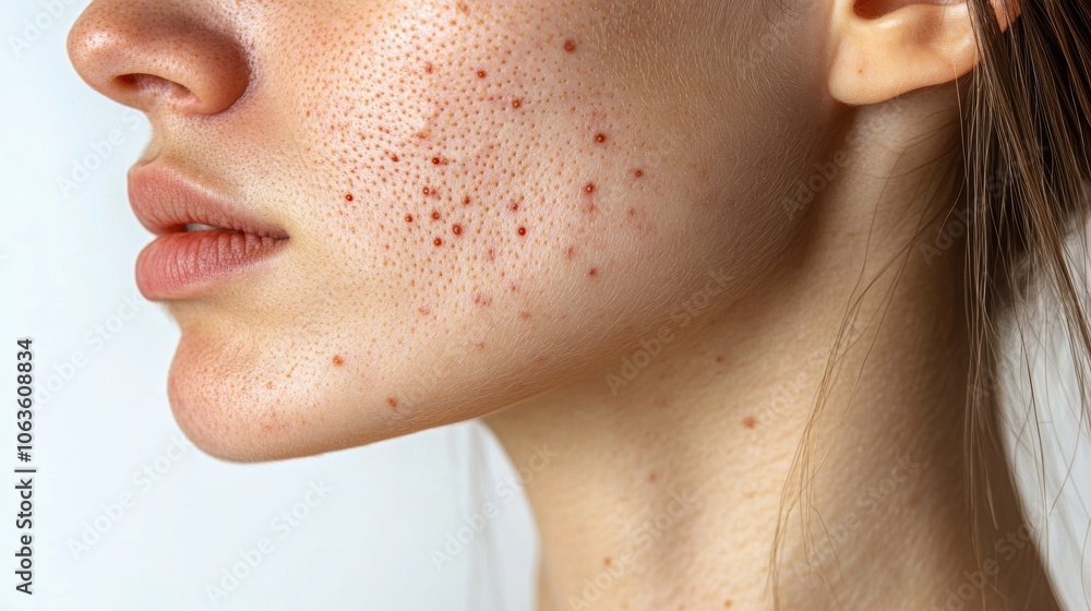 Close-up of a woman's face with visible acne and natural skin texture, promoting skin positivity and acne awareness. Close-up of a woman's face with visible acne and natural skin texture, promoting skin positivity and acne awareness.