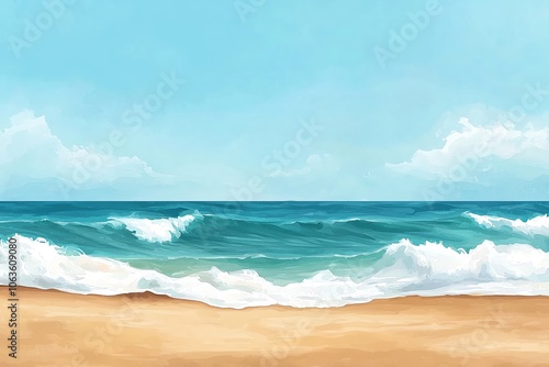 A tranquil beach scene featuring gentle waves rolling onto soft sand under a bright blue sky with fluffy clouds.