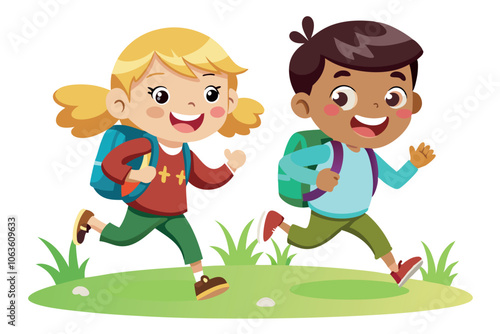 Children Running Happily Outdoors During a Sunny Day in a Green Field