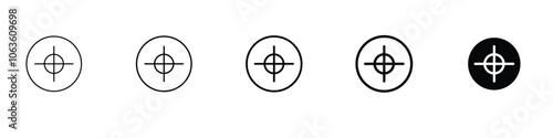 Target and aim icon set featuring crosshairs, bullseyes, accuracy, precision and focus symbols for archery, shooting, navigation, and related purposes