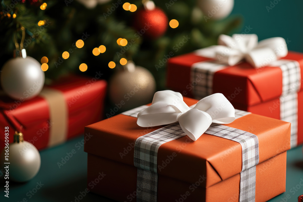 Christmas gifts wrapped in checked paper, adorned with white bows, nestled under a beautifully decorated tree, evoking festive joy and warmth Christmas gifts wrapped in checked paper, adorned with white bows, nestled under a beautifully decorated tree, evoking festive joy and warmth