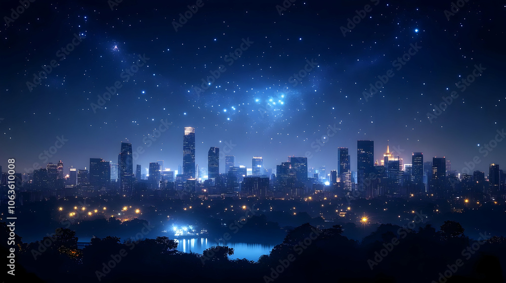 Fototapeta premium Night Cityscape with Stars Illustration