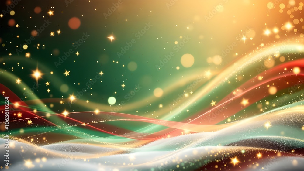 Obraz premium Abstract Festive Background: Green and Gold Sparkles, Wavy Design