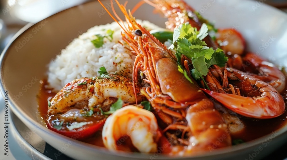 Sweet and sour seafood dish garnished with fresh herbs, served with rice Sweet and sour seafood dish garnished with fresh herbs, served with rice