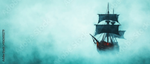 Cursed pirate ship gliding through misty waters, illuminated by a ghostly glow, enchanting watercolor illustration, haunting maritime adventure. photo