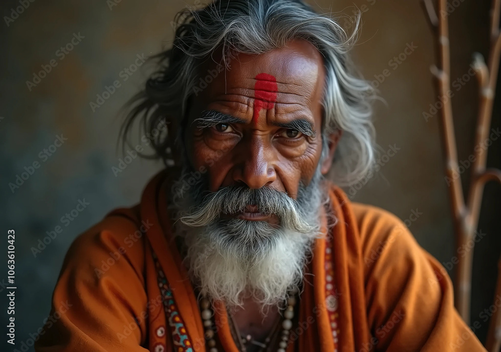 Portrait of a Spiritual Indian Elder with Traditional Markings and Orange Robes Portrait of a Spiritual Indian Elder with Traditional Markings and Orange Robes