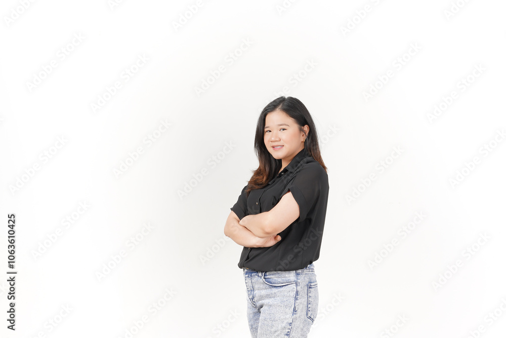 beautiful Asian woman stands with her arms folded across her chest, exuding confidence against a white background beautiful Asian woman stands with her arms folded across her chest, exuding confidence against a white background