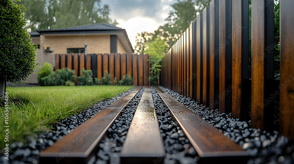 Obraz premium Wooden Path in Garden with Black Gravel and Wooden Fence - Photo