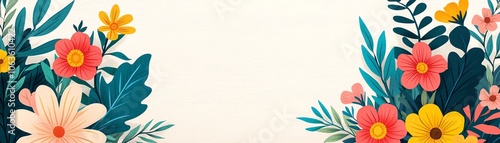 A vibrant floral arrangement featuring colorful flowers and lush leaves against a light background, perfect for spring themes.