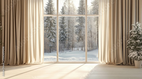 An empty living room with a wooden floor and a bright window with a winter landscape view