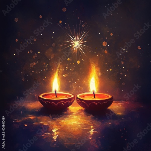 painting of diwali oil lamps glowing in the darkness