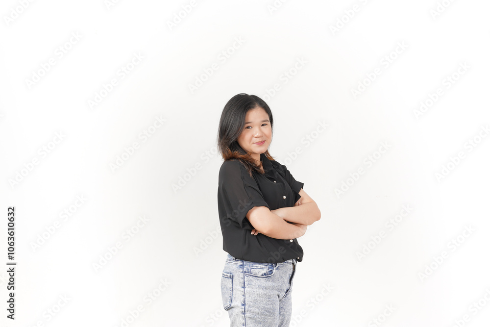 beautiful Asian woman stands with her arms folded across her chest, exuding confidence against a white background beautiful Asian woman stands with her arms folded across her chest, exuding confidence against a white background