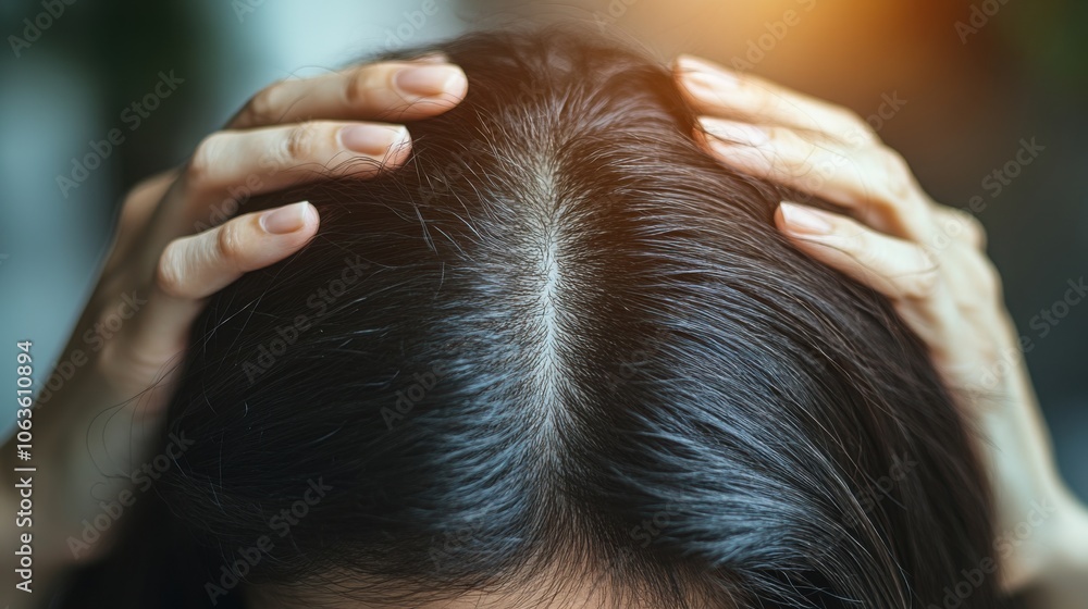 Naklejka premium Individual with receding hairline holds back thinning hair in a close-up shot highlighting early male pattern baldness