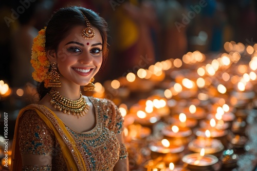 a young indian girl smiling with illuminated diwali oil lamps photo