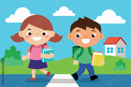 Children Walking to School With Books on a Bright Sunny Day in a Neighborhood Setting