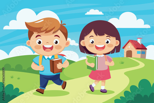 Children Walking Happily to School on a Sunny Day in a Countryside Setting