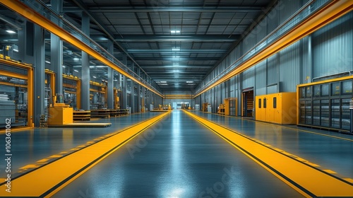 Factory production room showcasing a modern assembly line with yellow conveyor belts in operation during daylight hours
