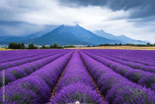 A vibrant lavender field stretches under a dramatic sky, with majestic mountains in the background, creating a serene landscape.