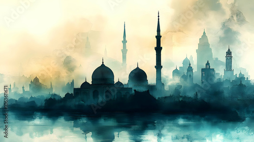 Watercolor Cityscape with M...