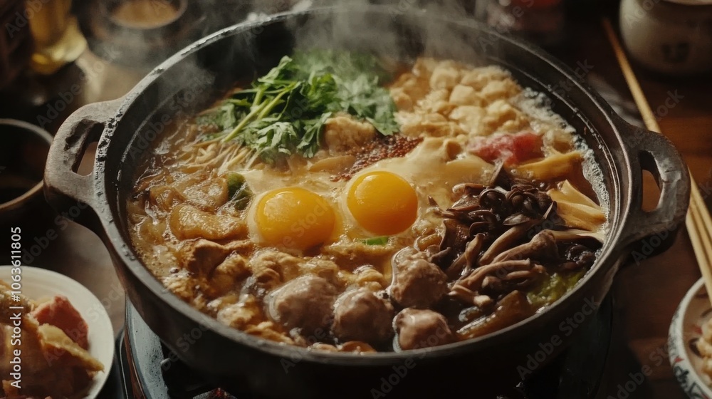 Zhou-mao-rou (Chinese hot pot) with various ingredients, beautifully served in a deep bowl Zhou-mao-rou (Chinese hot pot) with various ingredients, beautifully served in a deep bowl