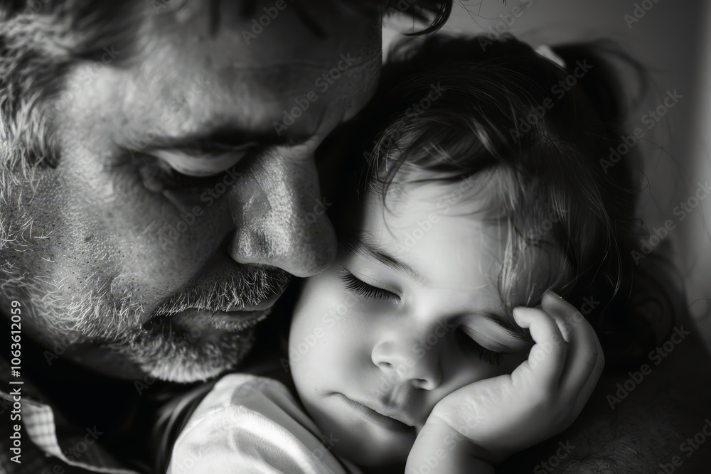 An emotional fathers day shot in black and white with a child in fathers arms. An emotional fathers day shot in black and white with a child in fathers arms.