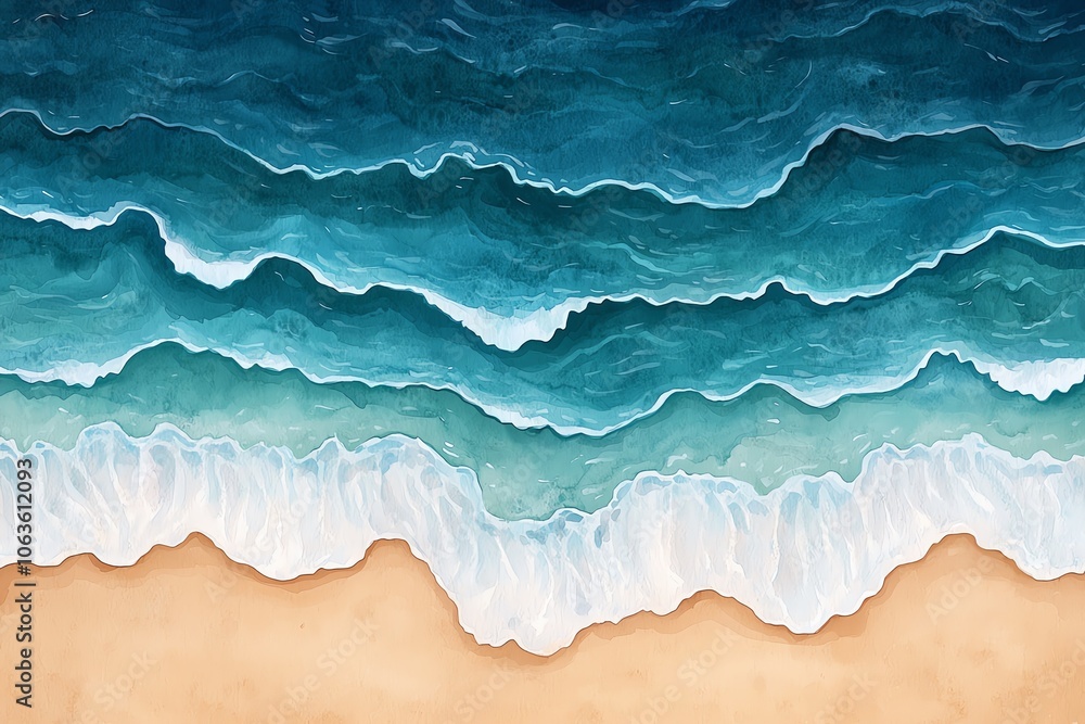 Aerial view of ocean waves cascading onto a sandy beach, showcasing tranquil colors and serene natural beauty. Aerial view of ocean waves cascading onto a sandy beach, showcasing tranquil colors and serene natural beauty.