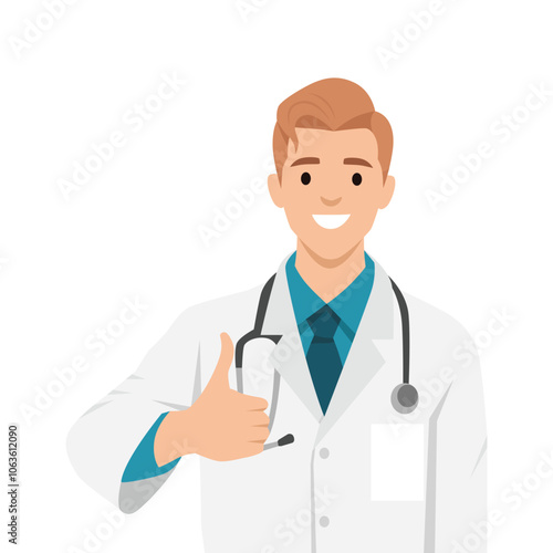 Young doctor standing and show thumb up. Flat vector illustration isolated on white background