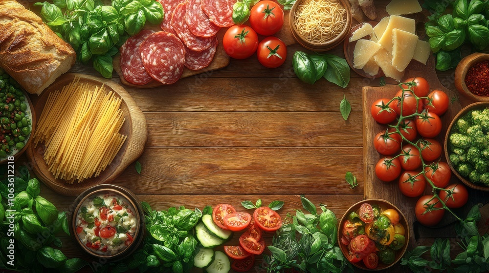 Italian kitchen essentials spread on a wooden table including pasta, tomatoes, and cheese Italian kitchen essentials spread on a wooden table including pasta, tomatoes, and cheese