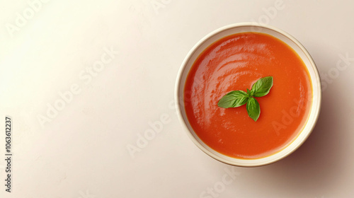 A tomato soup on a bowl top view on a light beige background