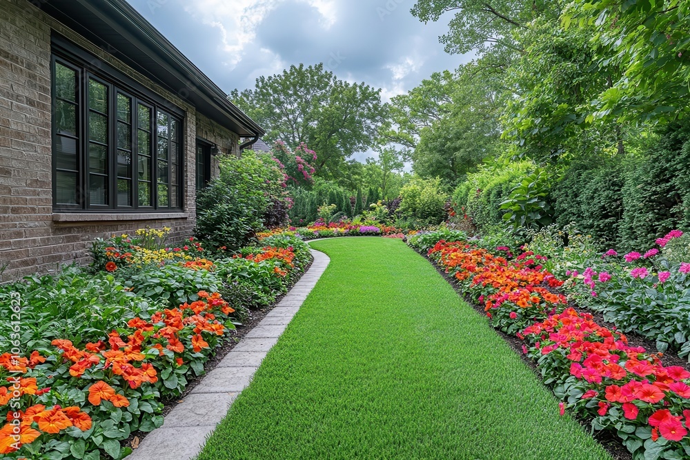 Obraz premium lush manicured lawn with vibrant flowerbeds surrounded by lush deciduous shrubs showcasing a picturesque outdoor space filled with greenery and blooming colors under a bright sky