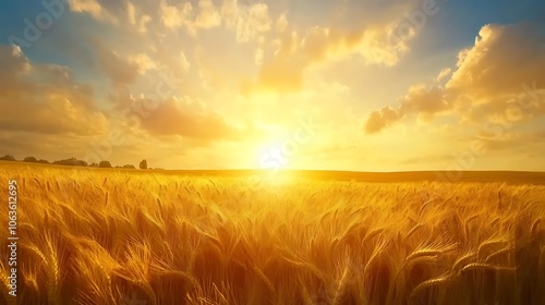 A serene sunset over a golden wheat field, capturing the beauty of nature's harvest.