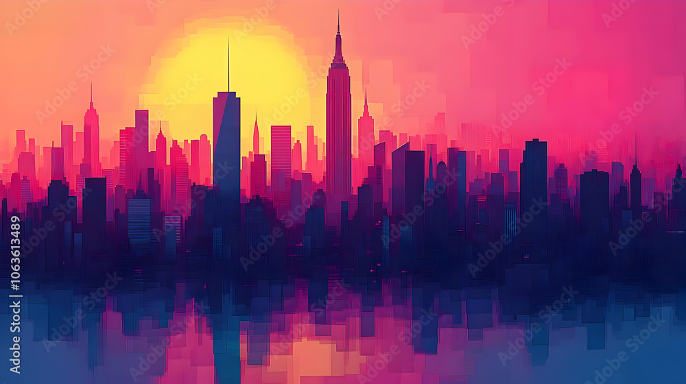 Digital Cityscape Illustration with Sunset Digital Cityscape Illustration with Sunset